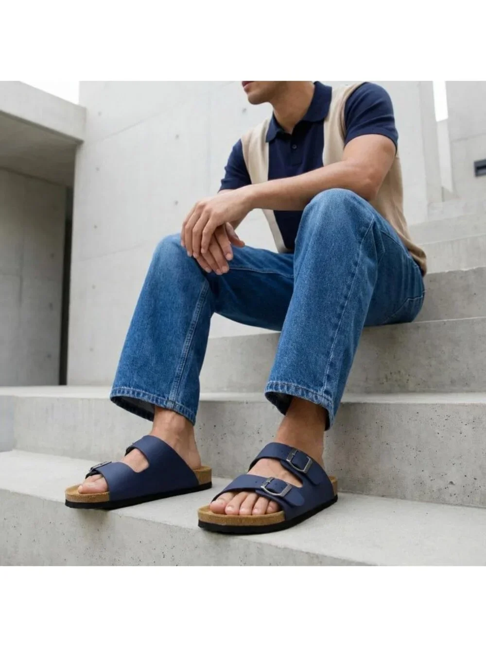 Men's Navy Nubuck Lane Cork Footbed Sandals Adjustable Buckle Comfort Slides